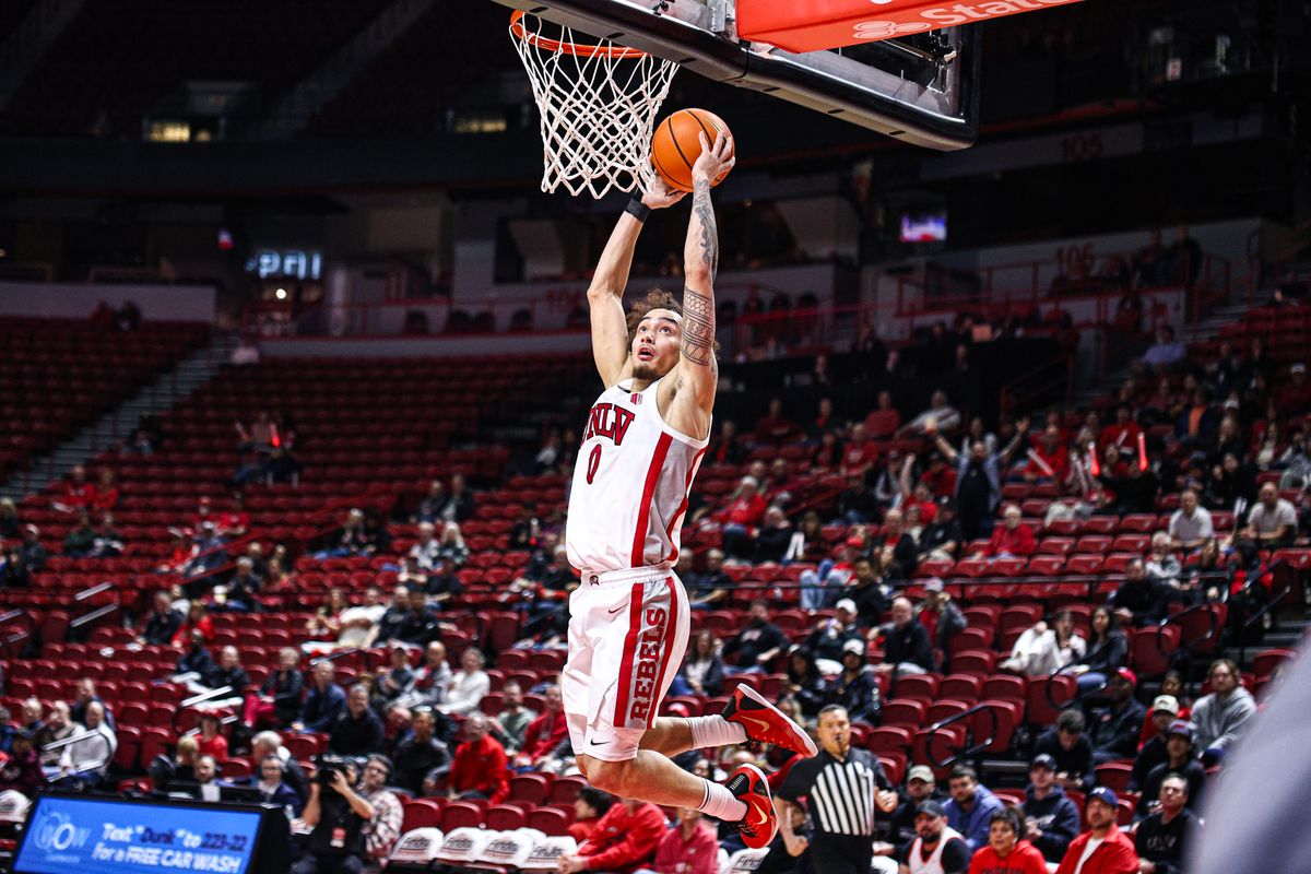 UNLV Runnin' Rebels G Dravyn Gibbs-Lawhorn (0) dunks the ball during a college basketball game against the San Jose State Spartans on Tuesday February 10, 2026, in Las Vegas, Nevada. UNLV Runnin' Rebels G Dravyn Gibbs-Lawhorn (0) dunks the ball during a college basketball game against the San Jose State Spartans on Tuesday February 10, 2026, in Las Vegas, Nevada.