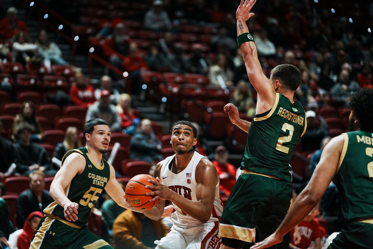 UNLV guard Howie Fleming Jr (3) eyes the basket while guarded by Colorado State Jevin Muniz and Brandon Rechsteiner (2) during first half of college basketball game against Colorado State on Wednesday, Feb. 18, 2026 at Thomas & Mack Center in Las Vegas. UNLV guard Howie Fleming Jr (3) eyes the basket while guarded by Colorado State Jevin Muniz and Brandon Rechsteiner (2) during first half of college basketball game against Colorado State on Wednesday, Feb. 18, 2026 at Thomas & Mack Center in Las Vegas.