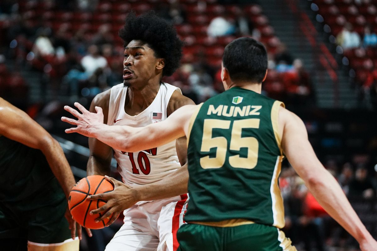 UNLV forward Jacob Bannarbie (10) takes the ball down the court while guarded by Jevin Muniz (55) during first half of college basketball game against Colorado State on Wednesday, Feb. 18, 2026 at Thomas & Mack Center in Las Vegas. UNLV forward Jacob Bannarbie (10) takes the ball down the court while guarded by Jevin Muniz (55) during first half of college basketball game against Colorado State on Wednesday, Feb. 18, 2026 at Thomas & Mack Center in Las Vegas.