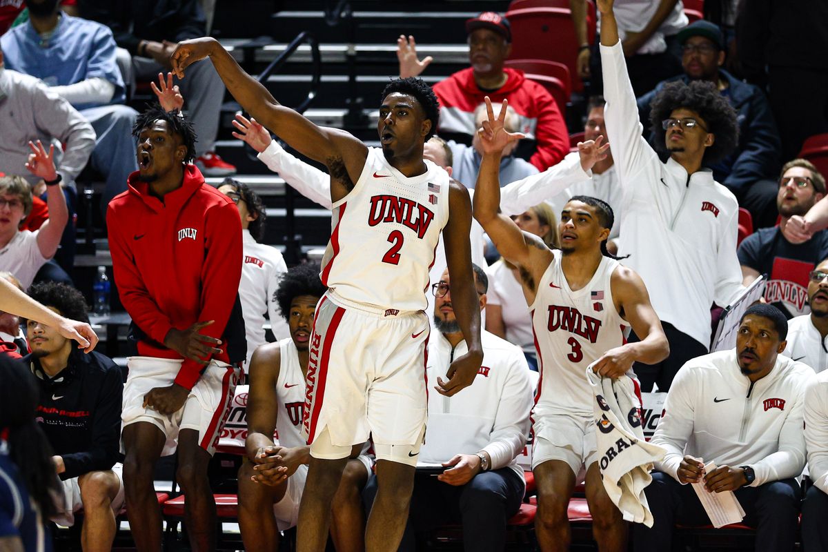 UNLV Runnin' Rebels senior F Kimani Hamilton (2) watches the ball after shooting a three-point shot against the Utah State Aggies on Tuesday March 3, 2026, in Las Vegas, Nevada. UNLV Runnin' Rebels senior F Kimani Hamilton (2) watches the ball after shooting a three-point shot against the Utah State Aggies on Tuesday March 3, 2026, in Las Vegas, Nevada.