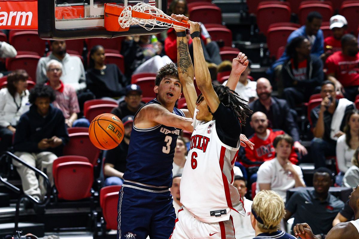 UNLV Runnin' Rebels F Tyrin Jones (6) dunks the ball during a college basketball game against the Utah State Aggies on Tuesday March 3, 2026, in Las Vegas, Nevada. UNLV Runnin' Rebels F Tyrin Jones (6) dunks the ball during a college basketball game against the Utah State Aggies on Tuesday March 3, 2026, in Las Vegas, Nevada.