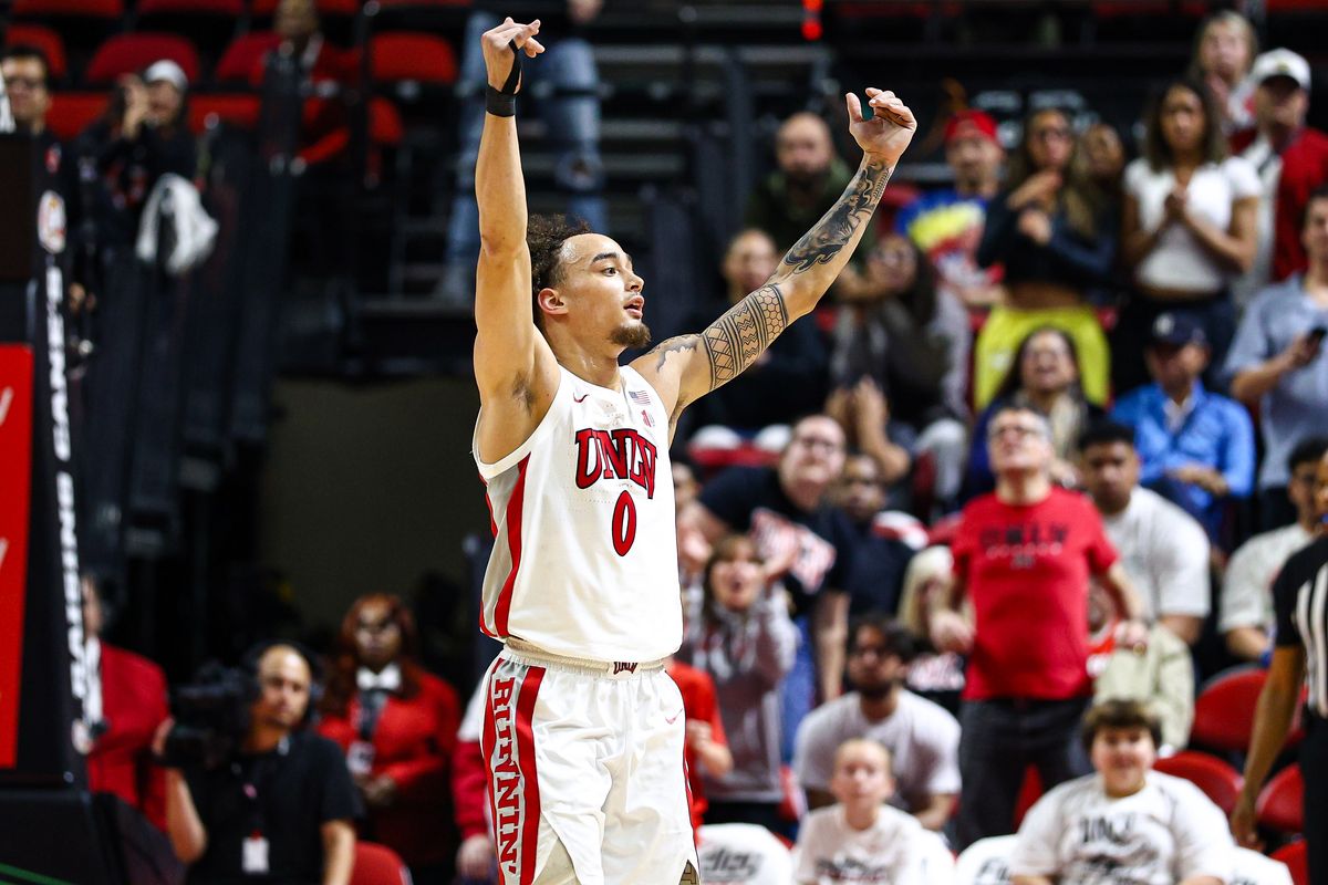 UNLV Runnin' Rebels G Dravyn Gibbs-Lawhorn (0) hypes up the crowd in the final minutes of a college basketball game against the Utah State Aggies on Tuesday March 3, 2026, in Las Vegas, Nevada. UNLV Runnin' Rebels G Dravyn Gibbs-Lawhorn (0) hypes up the crowd in the final minutes of a college basketball game against the Utah State Aggies on Tuesday March 3, 2026, in Las Vegas, Nevada.