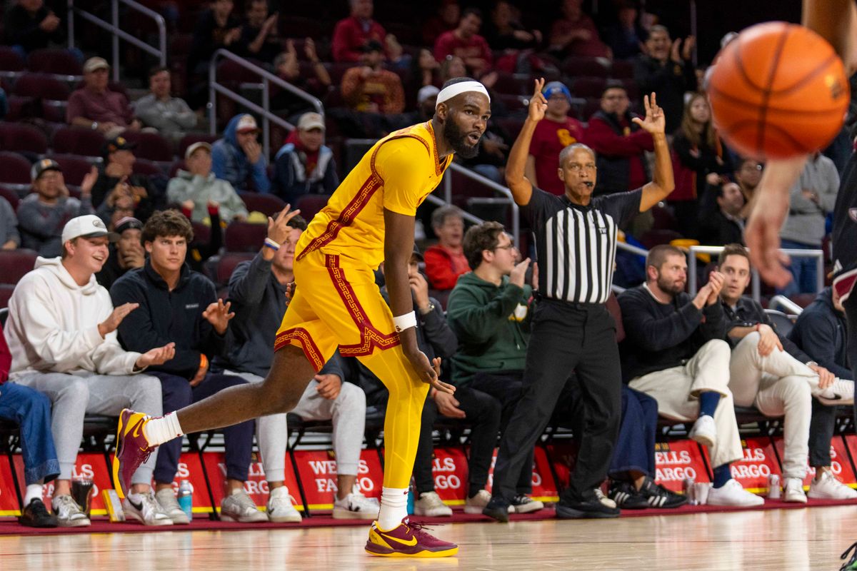 USC Trojans forward Amarion Dickerson (3) celebrates his corner three during an NCAA basketball game against the Troy Trojans, Thursday November 20th, 2025 in Los Angeles, California. USC Trojans forward Amarion Dickerson (3) celebrates his corner three during an NCAA basketball game against the Troy Trojans, Thursday November 20th, 2025 in Los Angeles, California.