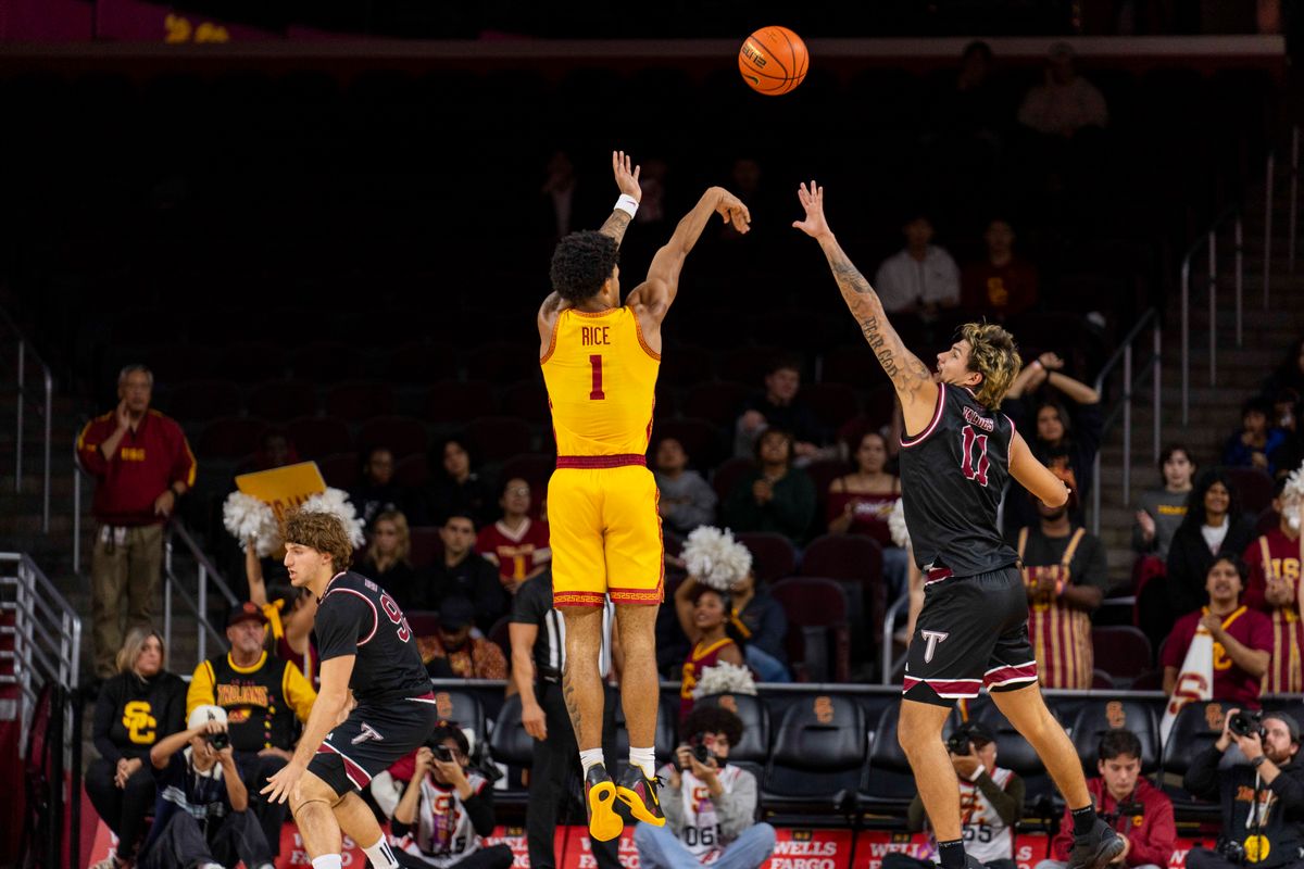 USC Trojans guard Rodney Rice (1) takes a three during an NCAA basketball game against the Troy Trojans, Thursday November 20th, 2025 in Los Angeles, California. USC Trojans guard Rodney Rice (1) takes a three during an NCAA basketball game against the Troy Trojans, Thursday November 20th, 2025 in Los Angeles, California.