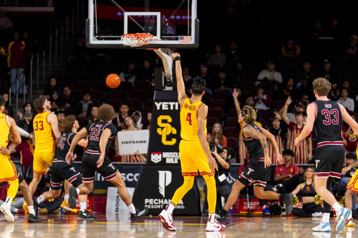 USC Trojans forward Chad Baker-Mazara (4) makes a three during an NCAA basketball game against the Troy Trojans, Thursday November 20th, 2025 in Los Angeles, California. USC Trojans forward Chad Baker-Mazara (4) makes a three during an NCAA basketball game against the Troy Trojans, Thursday November 20th, 2025 in Los Angeles, California.