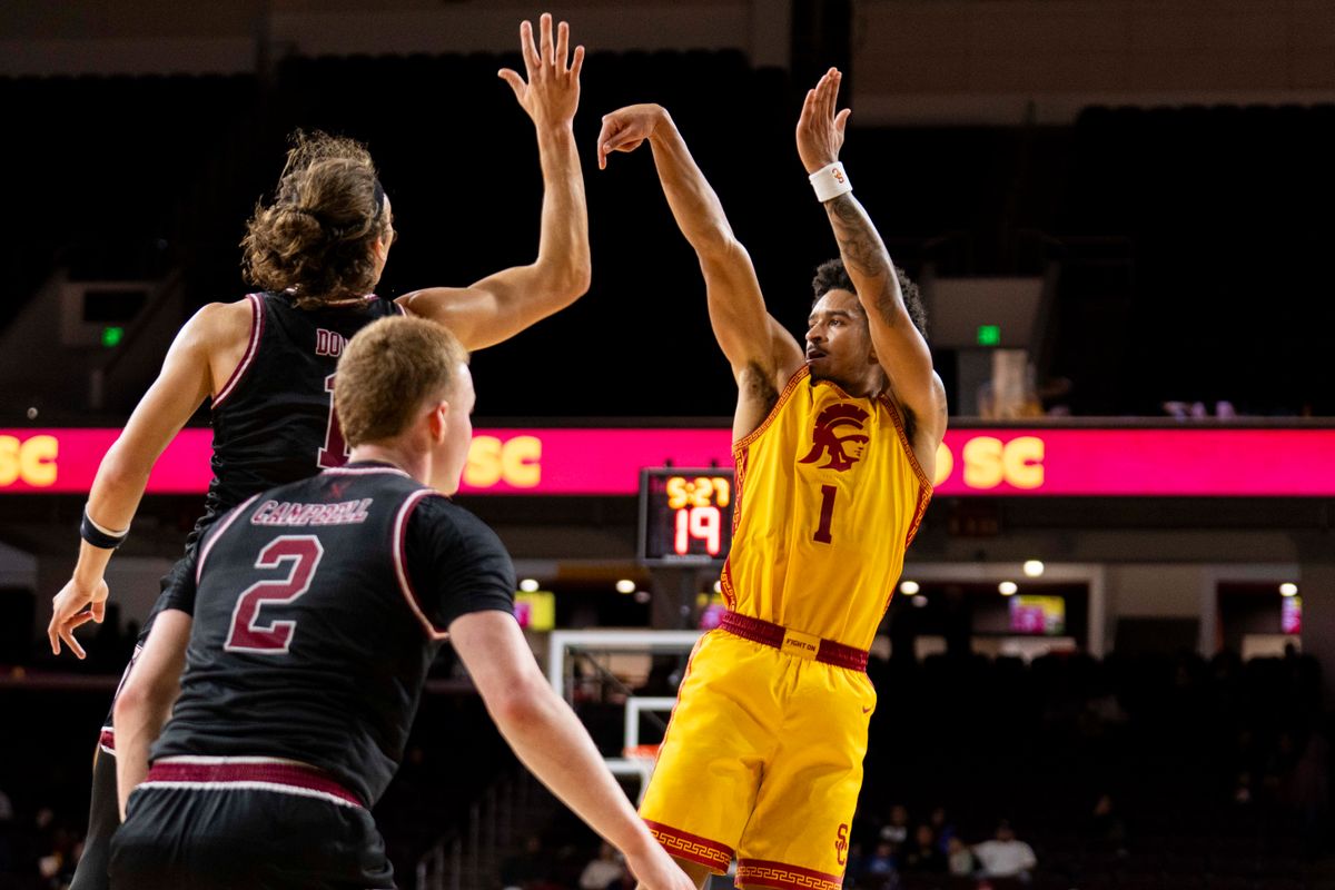 USC Trojans guard Rodney Rice (1) shoots a fadeaway jumper during an NCAA basketball game against the Troy Trojans, Thursday November 20th, 2025 in Los Angeles, California. USC Trojans guard Rodney Rice (1) shoots a fadeaway jumper during an NCAA basketball game against the Troy Trojans, Thursday November 20th, 2025 in Los Angeles, California.