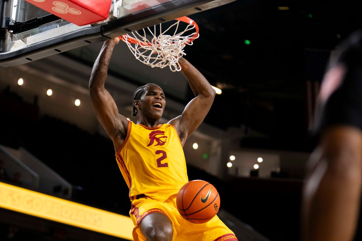 USC Trojans forward Ezra Ausar (2) finishes the ally-oop dunk during an NCAA basketball game against the Troy Trojans, Thursday November 20th, 2025 in Los Angeles, California. USC Trojans forward Ezra Ausar (2) finishes the ally-oop dunk during an NCAA basketball game against the Troy Trojans, Thursday November 20th, 2025 in Los Angeles, California.