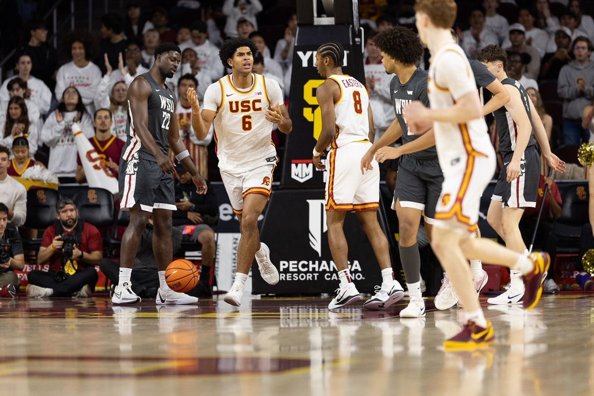 USC forward Jacob Cofie (6) reacts during a Big Ten Conference college basketball game against the Washington State Cougars, Sunday December 14, 2025 in Los Angeles, Calif. USC forward Jacob Cofie (6) reacts during a Big Ten Conference college basketball game against the Washington State Cougars, Sunday December 14, 2025 in Los Angeles, Calif.