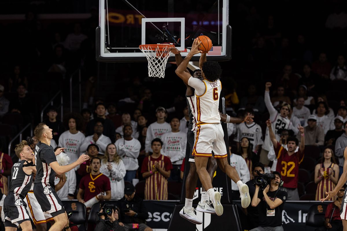 USC forward Jacob Cofie (6) shoots during a Big Ten Conference college basketball game against the Washington State Cougars, Sunday December 14, 2025 in Los Angeles, Calif. USC forward Jacob Cofie (6) shoots during a Big Ten Conference college basketball game against the Washington State Cougars, Sunday December 14, 2025 in Los Angeles, Calif.