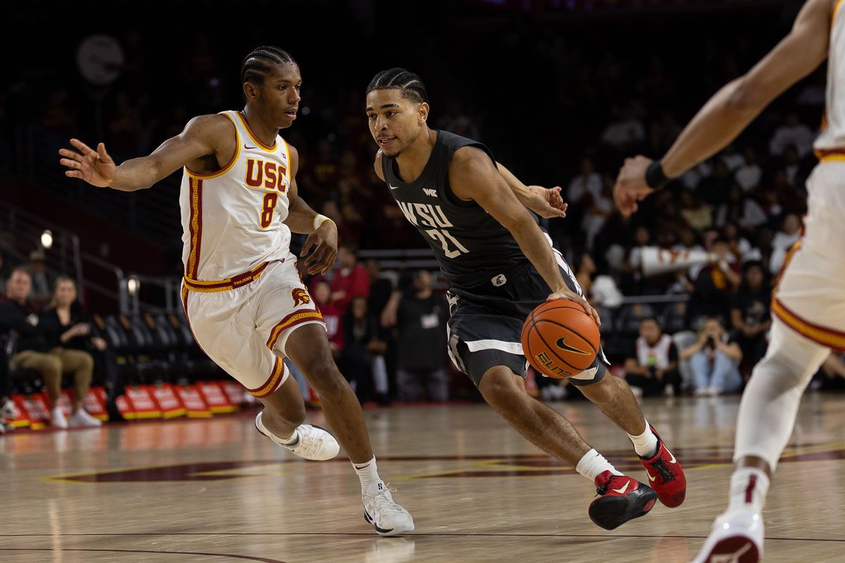 USC guard Jerry Easter II (8) defends during a Big Ten Conference college basketball game against the Washington State Cougars, Sunday December 14, 2025 in Los Angeles, Calif. USC guard Jerry Easter II (8) defends during a Big Ten Conference college basketball game against the Washington State Cougars, Sunday December 14, 2025 in Los Angeles, Calif.
