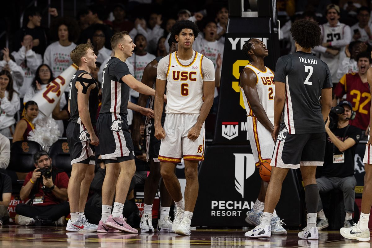 USC forward Jacob Cofie (6) celebrates during a Big Ten Conference college basketball game against the Washington State Cougars, Sunday December 14, 2025 in Los Angeles, Calif. USC forward Jacob Cofie (6) celebrates during a Big Ten Conference college basketball game against the Washington State Cougars, Sunday December 14, 2025 in Los Angeles, Calif.