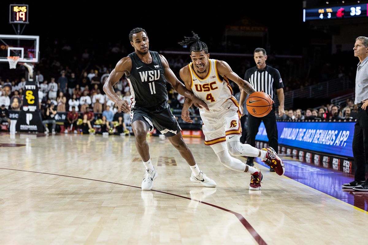 USC guard Chad Baker-Mazara (4) dribbles during a Big Ten Conference college basketball game against the Washington State Cougars, Sunday December 14, 2025 in Los Angeles, Calif. USC guard Chad Baker-Mazara (4) dribbles during a Big Ten Conference college basketball game against the Washington State Cougars, Sunday December 14, 2025 in Los Angeles, Calif.