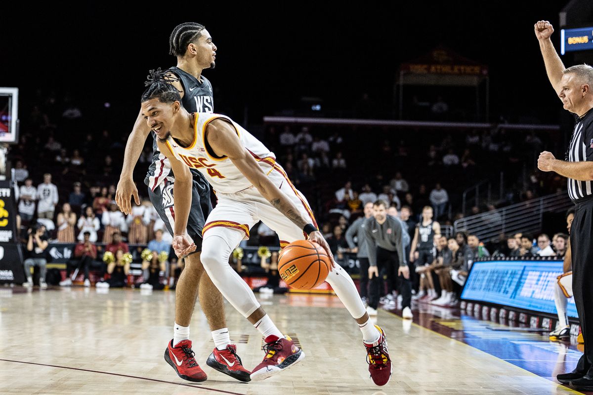 USC guard Chad Baker-Mazara (4) reacts after being fouled during a Big Ten Conference college basketball game against the Washington State Cougars, Sunday December 14, 2025 in Los Angeles, Calif. USC guard Chad Baker-Mazara (4) reacts after being fouled during a Big Ten Conference college basketball game against the Washington State Cougars, Sunday December 14, 2025 in Los Angeles, Calif.