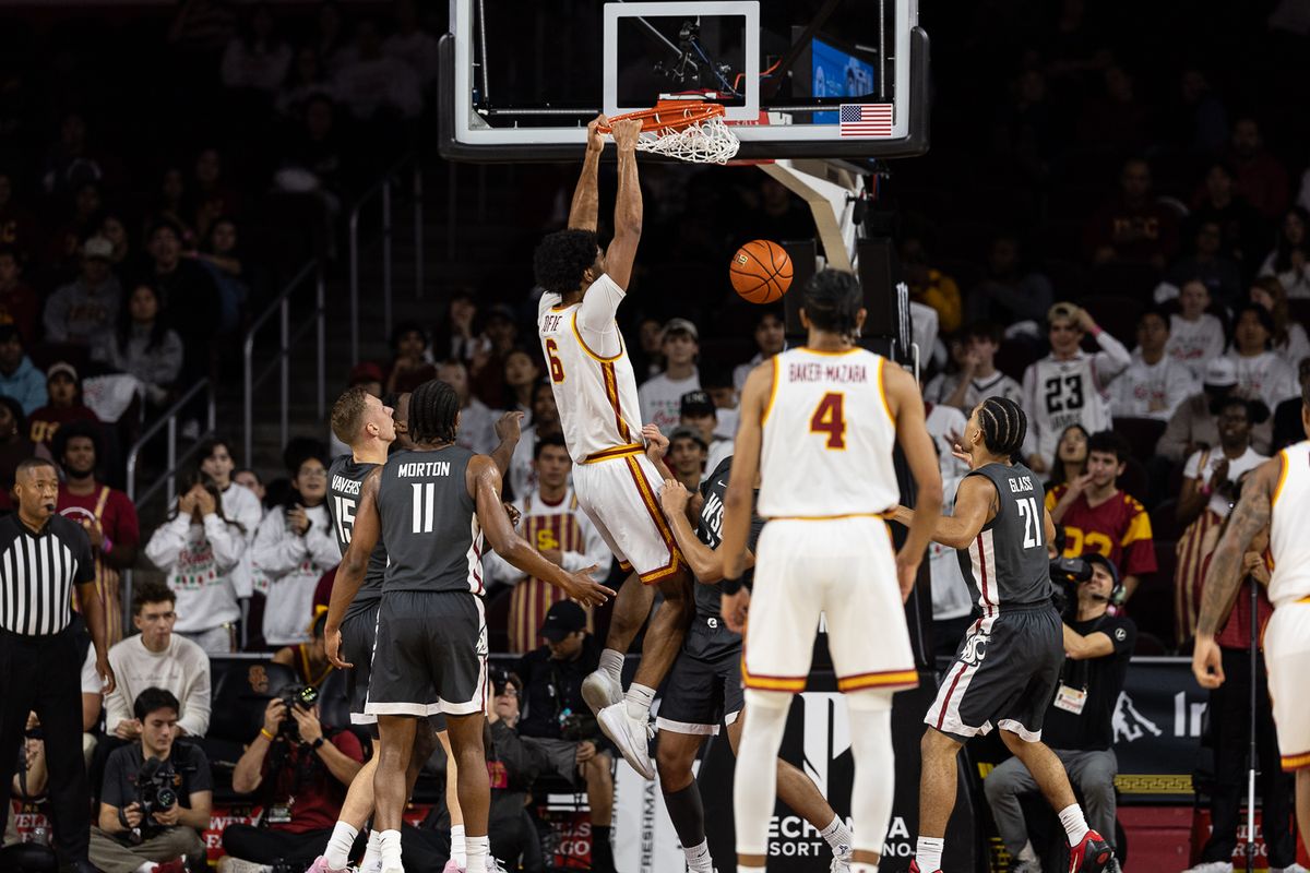 USC forward Jacob Cofie (6) dunks the ball during a Big Ten Conference college basketball game against the Washington State Cougars, Sunday December 14, 2025 in Los Angeles, Calif. USC forward Jacob Cofie (6) dunks the ball during a Big Ten Conference college basketball game against the Washington State Cougars, Sunday December 14, 2025 in Los Angeles, Calif.