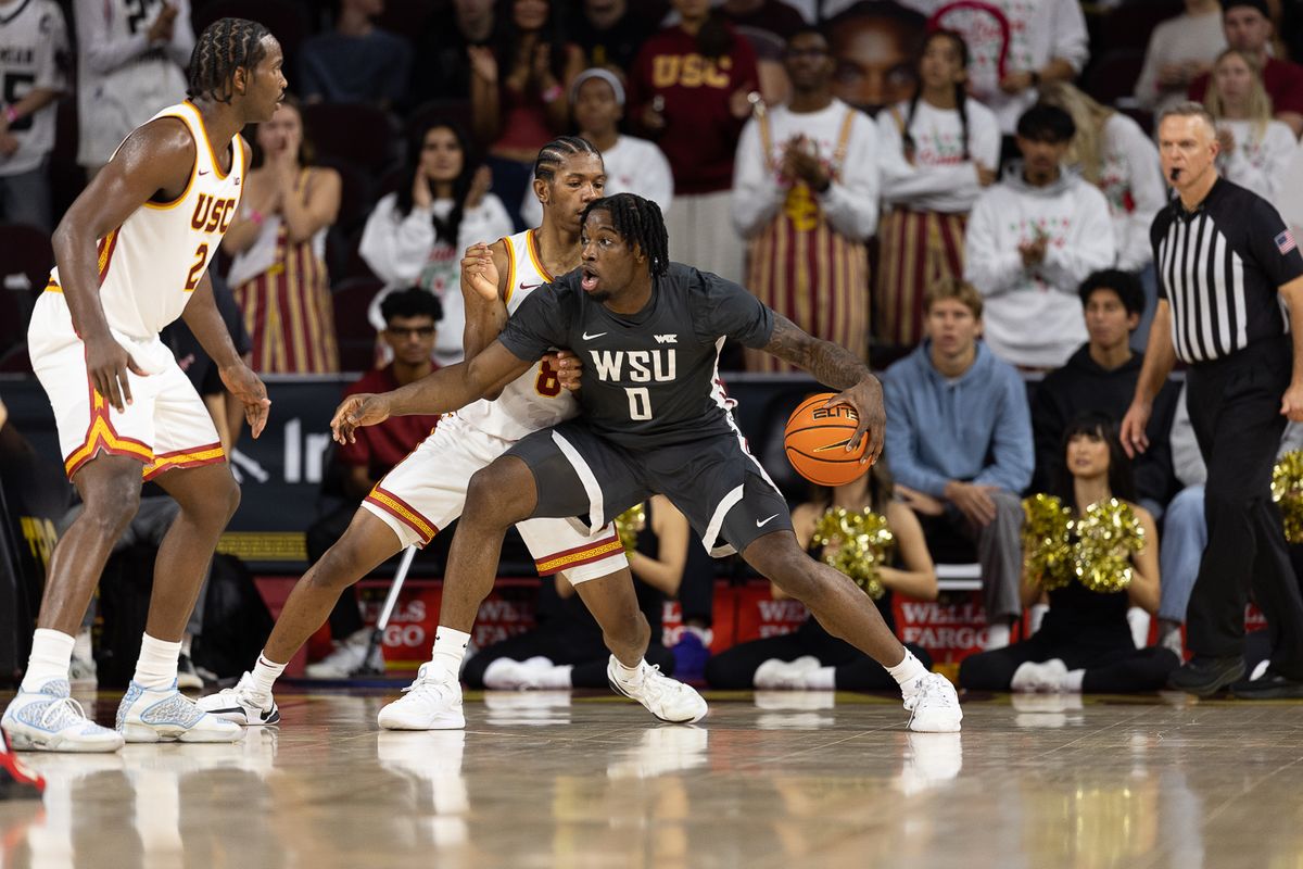 USC guard Jerry Easter II (8) defends during a Big Ten Conference college basketball game against the Washington State Cougars, Sunday December 14, 2025 in Los Angeles, Calif. USC guard Jerry Easter II (8) defends during a Big Ten Conference college basketball game against the Washington State Cougars, Sunday December 14, 2025 in Los Angeles, Calif.