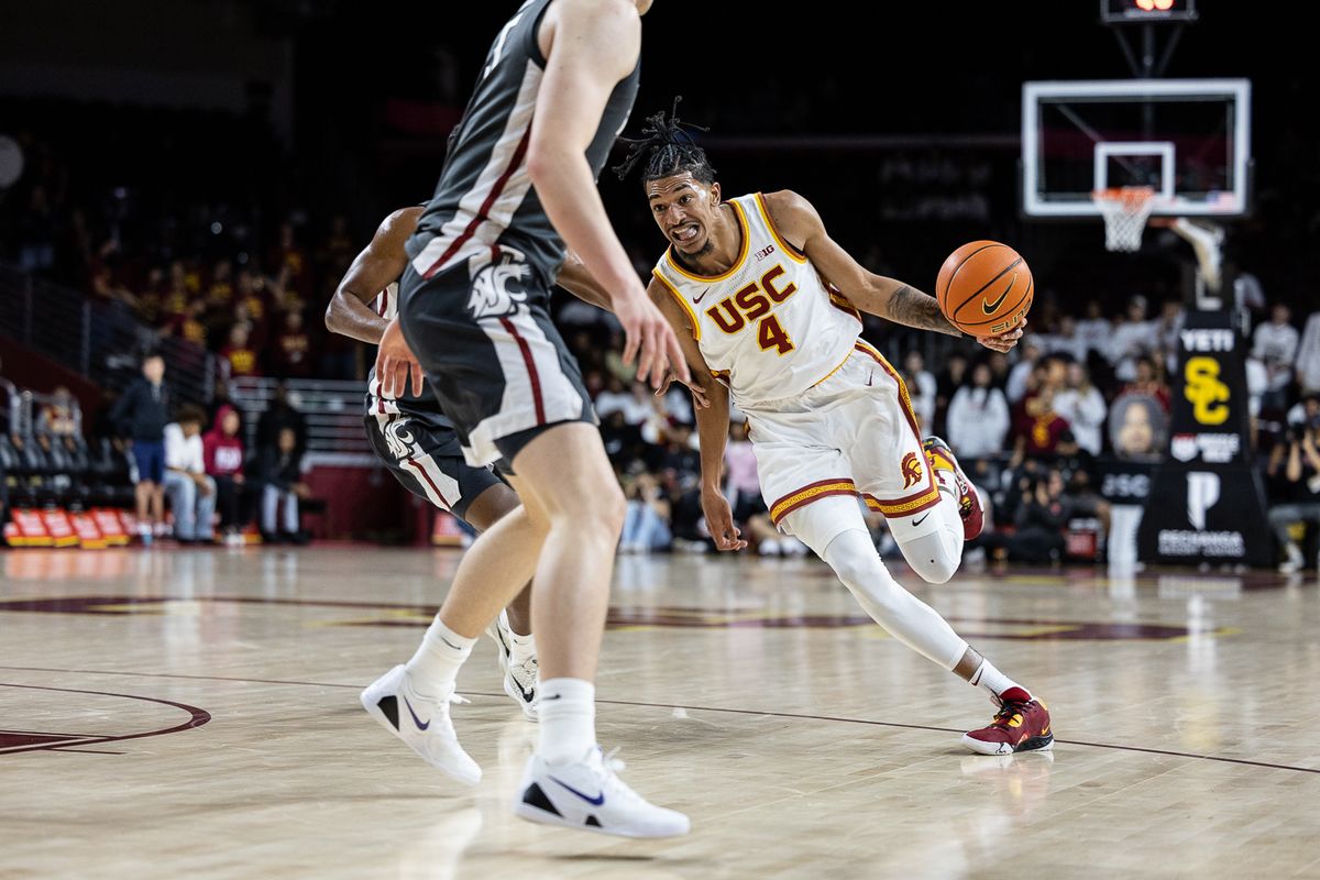 USC guard Chad Baker-Mazara (4) dribbles during a Big Ten Conference college basketball game against the Washington State Cougars, Sunday December 14, 2025 in Los Angeles, Calif. USC guard Chad Baker-Mazara (4) dribbles during a Big Ten Conference college basketball game against the Washington State Cougars, Sunday December 14, 2025 in Los Angeles, Calif.
