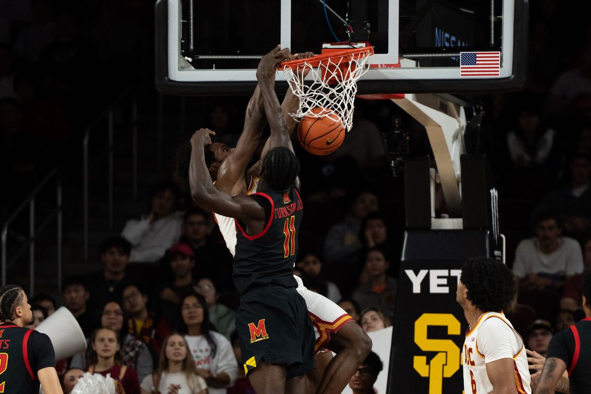 USC Trojans Forward Ezra Ausar (2) has a put back dunk on the defender during a men's college basketball game against the Maryland Terrapins, Tuesday January 13th, 2026 at Galen Center in Los Angeles, Calif. USC Trojans Forward Ezra Ausar (2) has a put back dunk on the defender during a men's college basketball game against the Maryland Terrapins, Tuesday January 13th, 2026 at Galen Center in Los Angeles, Calif.