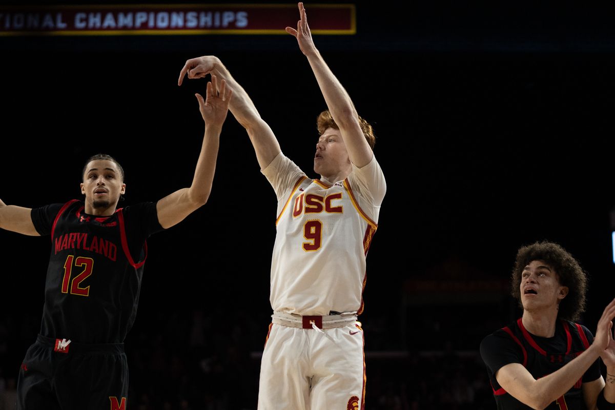 USC Trojans Guard Ryan Cornish (9) shoots a three pointer over his defender during a men's college basketball game against the Maryland Terrapins, Tuesday January 13th, 2026 at Galen Center in Los Angeles, Calif. USC Trojans Guard Ryan Cornish (9) shoots a three pointer over his defender during a men's college basketball game against the Maryland Terrapins, Tuesday January 13th, 2026 at Galen Center in Los Angeles, Calif.