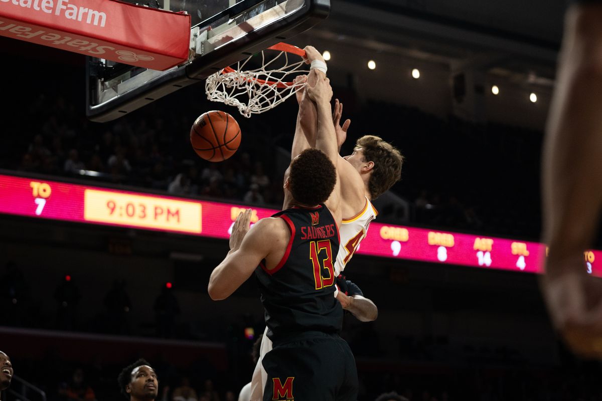 USC Trojans Center Gabe Dynes (45) dunks on his defender during a men's college basketball game against the Maryland Terrapins, Tuesday January 13th, 2026 at Galen Center in Los Angeles, Calif. USC Trojans Center Gabe Dynes (45) dunks on his defender during a men's college basketball game against the Maryland Terrapins, Tuesday January 13th, 2026 at Galen Center in Los Angeles, Calif.