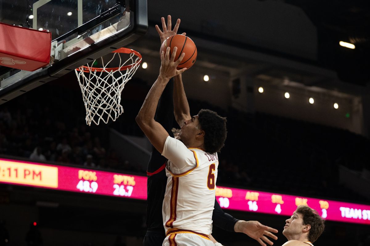 USC Trojans Forward Jacob Cofie (6) goes up and scores a strong layup during a men's college basketball game against the Maryland Terrapins, Tuesday January 13th, 2026 at Galen Center in Los Angeles, Calif. USC Trojans Forward Jacob Cofie (6) goes up and scores a strong layup during a men's college basketball game against the Maryland Terrapins, Tuesday January 13th, 2026 at Galen Center in Los Angeles, Calif.