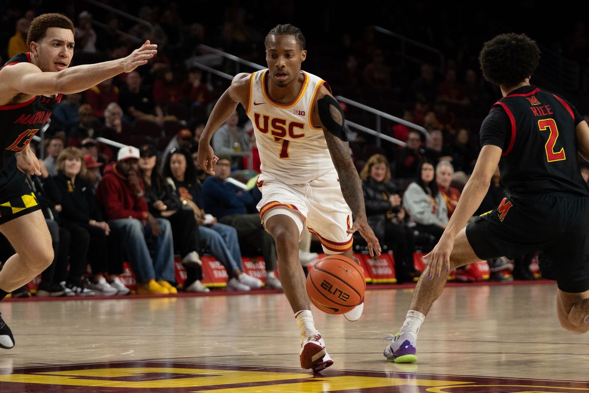 USC Trojans Guard Jordan Marsh (7) attacks the lane during a men's college basketball game against the Maryland Terrapins, Tuesday January 13th, 2026 at Galen Center in Los Angeles, Calif. USC Trojans Guard Jordan Marsh (7) attacks the lane during a men's college basketball game against the Maryland Terrapins, Tuesday January 13th, 2026 at Galen Center in Los Angeles, Calif.