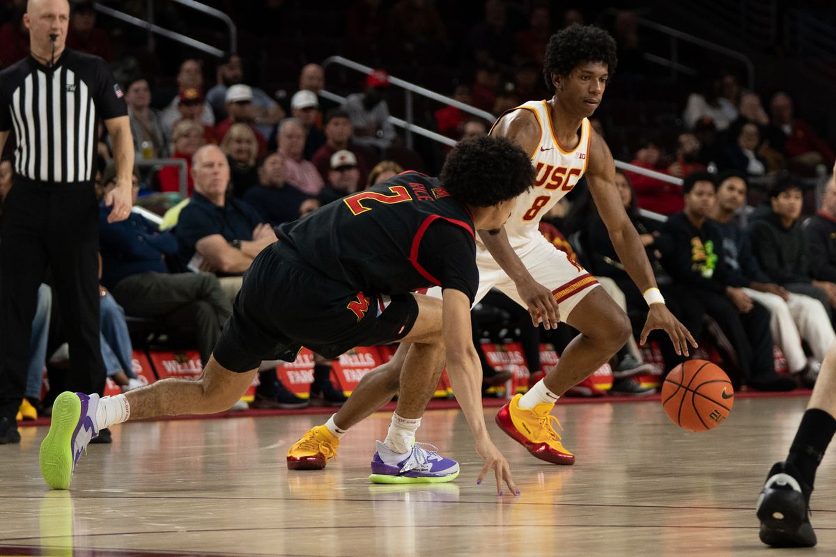 USC Trojans Jerry Easter II (8) makes his defender stumble after a crossover during a men's college basketball game against the Maryland Terrapins, Tuesday January 13th, 2026 at Galen Center in Los Angeles, Calif. USC Trojans Jerry Easter II (8) makes his defender stumble after a crossover during a men's college basketball game against the Maryland Terrapins, Tuesday January 13th, 2026 at Galen Center in Los Angeles, Calif.