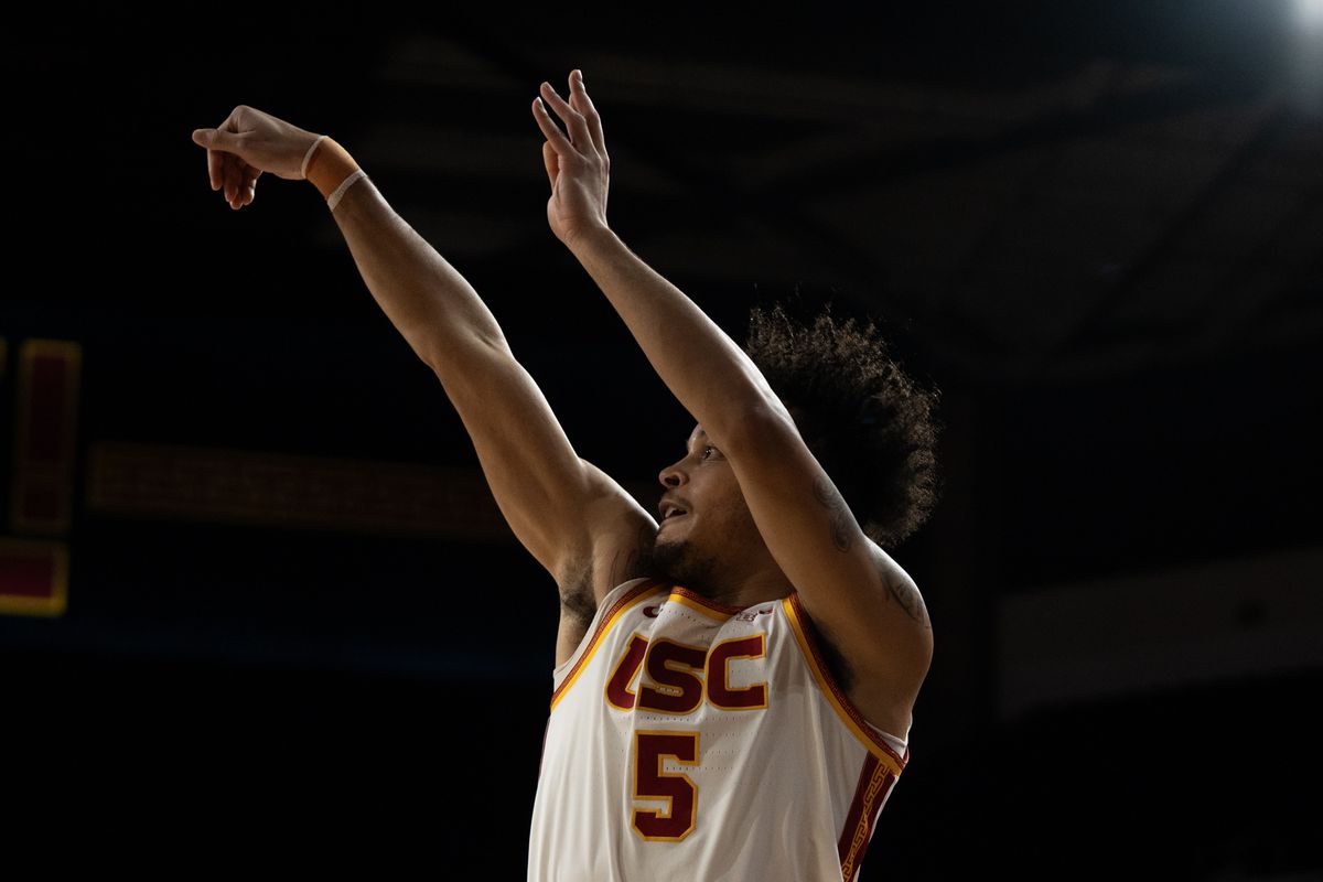 USC Trojans Forward Terrance Williams II (5) shoots a wide open corner three during a men's college basketball game against the Maryland Terrapins, Tuesday January 13th, 2026 at Galen Center in Los Angeles, Calif. USC Trojans Forward Terrance Williams II (5) shoots a wide open corner three during a men's college basketball game against the Maryland Terrapins, Tuesday January 13th, 2026 at Galen Center in Los Angeles, Calif.