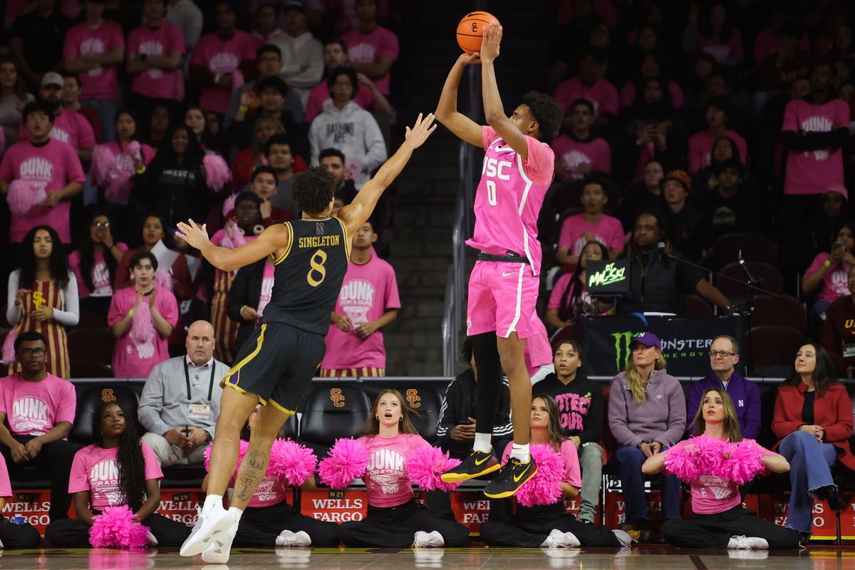 USC guard Alijah Arenas (0) shoots a jump shot during an NCAA basketball game against Northwestern on January 21, 2026 in Los Angeles, CA. USC guard Alijah Arenas (0) shoots a jump shot during an NCAA basketball game against Northwestern on January 21, 2026 in Los Angeles, CA.