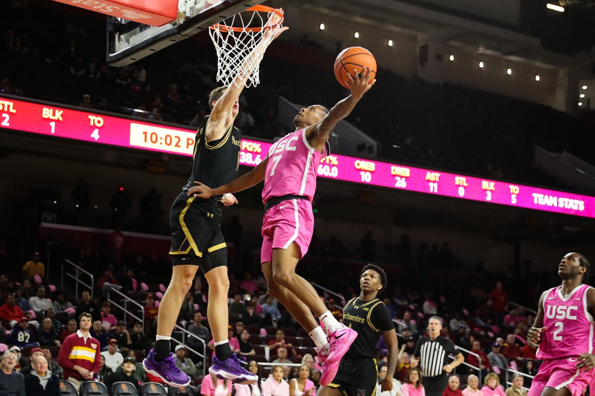 USC guard Jordan Marsh (7) drives in for a lay up during an NCAA basketball game against Northwestern on January 21, 2026 in Los Angeles, CA. USC guard Jordan Marsh (7) drives in for a lay up during an NCAA basketball game against Northwestern on January 21, 2026 in Los Angeles, CA.