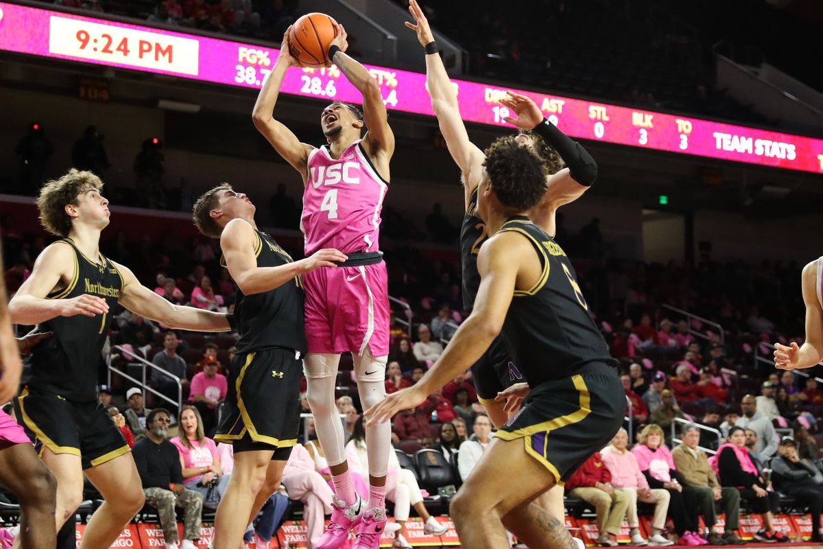 USC forward Chad Baker-Mazara (4) shoots a jump shot during an NCAA basketball game against Northwestern on January 21, 2026 in Los Angeles, CA. USC forward Chad Baker-Mazara (4) shoots a jump shot during an NCAA basketball game against Northwestern on January 21, 2026 in Los Angeles, CA.