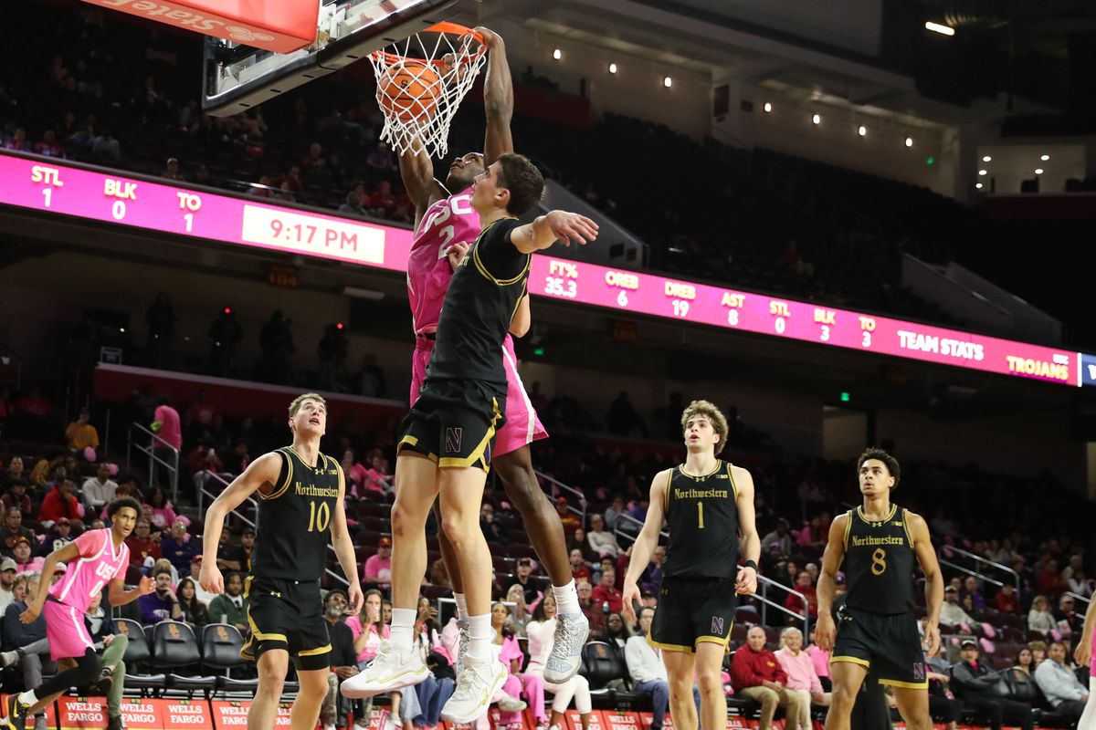 USC forward Ezra Ausar (2) dunks the basketball during an NCAA basketball game against Northwestern on January 21, 2026 in Los Angeles, CA. USC forward Ezra Ausar (2) dunks the basketball during an NCAA basketball game against Northwestern on January 21, 2026 in Los Angeles, CA.