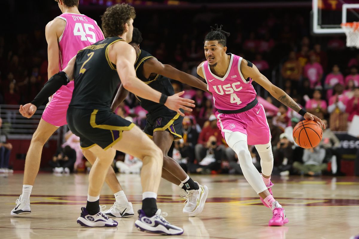 USC forward Chad Baker-Mazara (4) dribbles the basketball during an NCAA basketball game against Northwestern on January 21, 2026 in Los Angeles, CA. USC forward Chad Baker-Mazara (4) dribbles the basketball during an NCAA basketball game against Northwestern on January 21, 2026 in Los Angeles, CA.