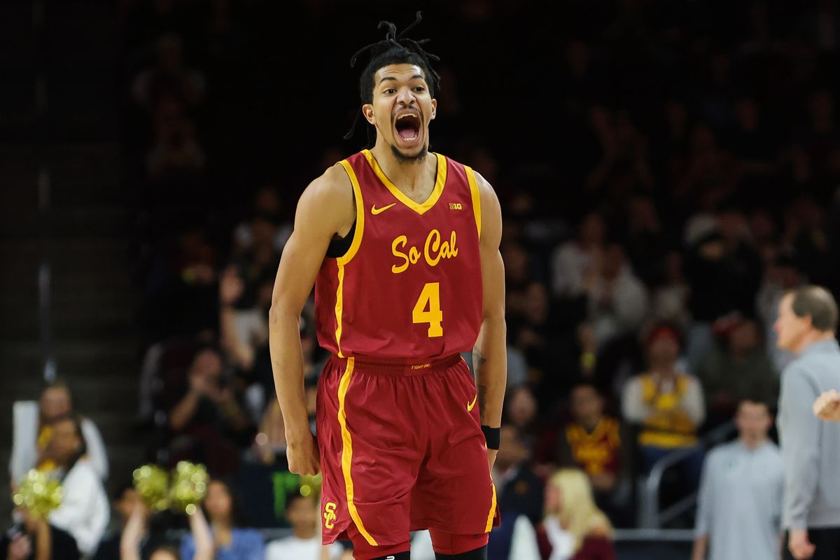 USC forward Chad Baker-Mazara (4) celebrates a made basket during an NCAA basketball game against Oregon on February 21, 2026 in Los Angeles, CA.