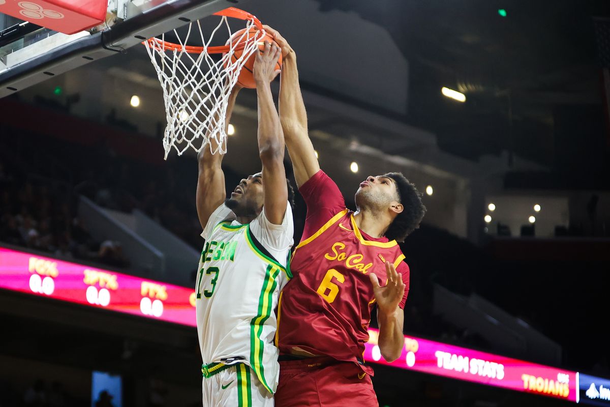 USC forward Jacob Cofie (6) blocks a shot during an NCAA basketball game against Oregon on February 21, 2026 in Los Angeles, CA.