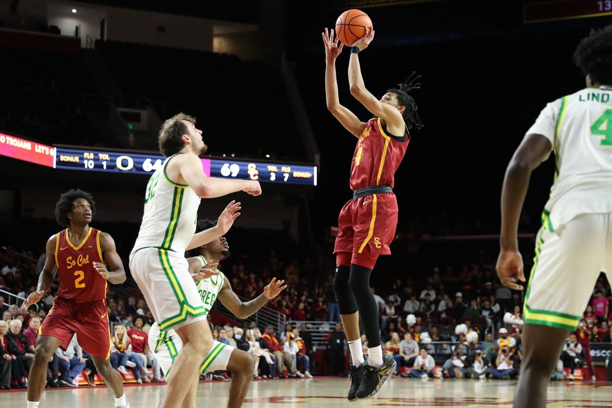 USC forward Chad Baker-Mazara (4) shoots the basketball during an NCAA basketball game against Oregon on February 21, 2026 in Los Angeles, CA.