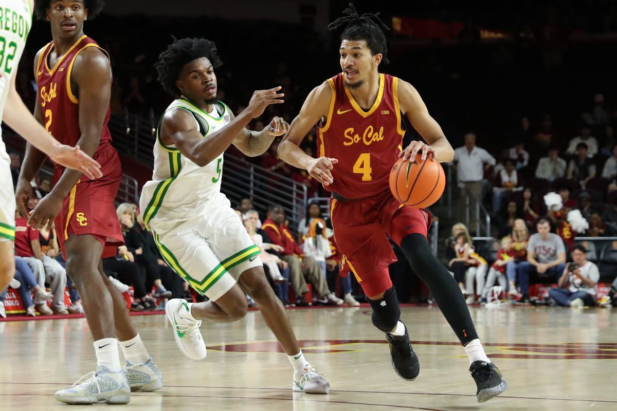 USC forward Chad Baker-Mazara (4) dribbles the basketball during an NCAA basketball game against Oregon on February 21, 2026 in Los Angeles, CA.