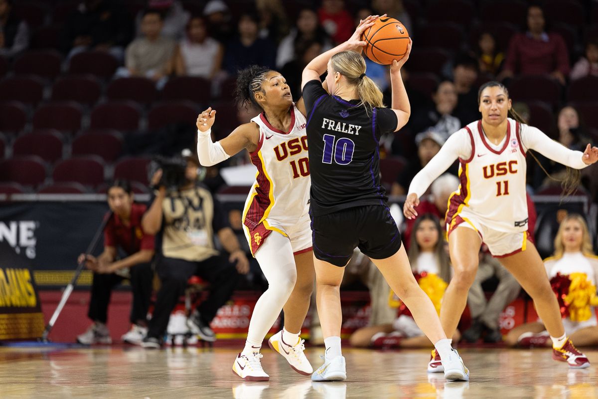 USC guard Malia Samuels (10) defends during a Big Ten college basketball game against the Portland Pilots, Tuesday November 18, 2025 in Los Angeles. USC guard Malia Samuels (10) defends during a Big Ten college basketball game against the Portland Pilots, Tuesday November 18, 2025 in Los Angeles.