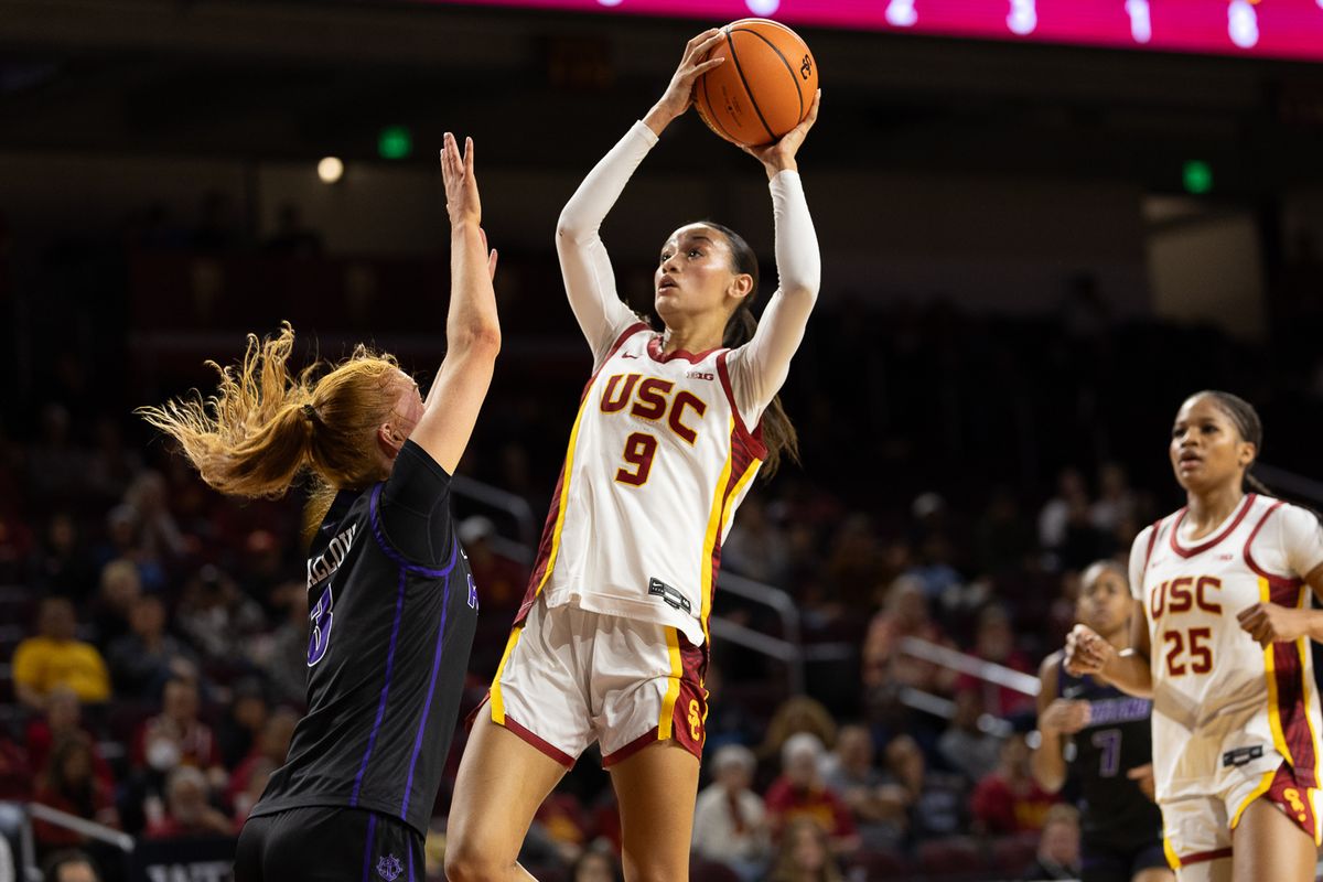 USC guard Jazzy Davidson (9) shoots during a Big Ten college basketball game against the Portland Pilots, Tuesday November 18, 2025 in Los Angeles. USC guard Jazzy Davidson (9) shoots during a Big Ten college basketball game against the Portland Pilots, Tuesday November 18, 2025 in Los Angeles.