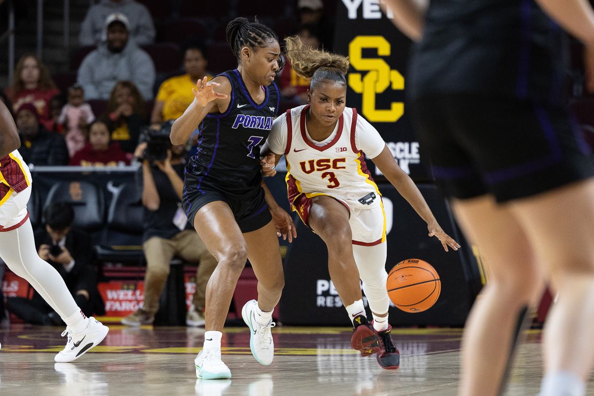 USC guard Londynn Jones (3) dribbles during a Big Ten college basketball game against the Portland Pilots, Tuesday November 18, 2025 in Los Angeles. USC guard Londynn Jones (3) dribbles during a Big Ten college basketball game against the Portland Pilots, Tuesday November 18, 2025 in Los Angeles.