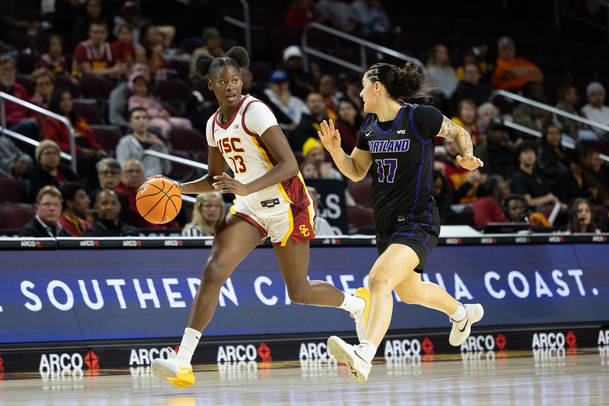 USC forward Dayana Mendes (13) dribbles during a Big Ten college basketball game against the Portland Pilots, Tuesday November 18, 2025 in Los Angeles. USC forward Dayana Mendes (13) dribbles during a Big Ten college basketball game against the Portland Pilots, Tuesday November 18, 2025 in Los Angeles.