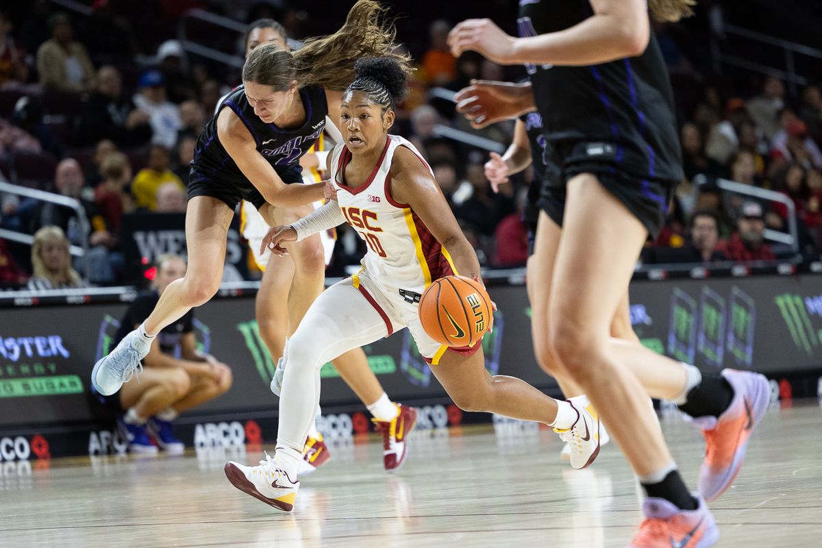 USC guard Malia Samuels (10) dribbles during a Big Ten college basketball game against the Portland Pilots, Tuesday November 18, 2025 in Los Angeles. USC guard Malia Samuels (10) dribbles during a Big Ten college basketball game against the Portland Pilots, Tuesday November 18, 2025 in Los Angeles.