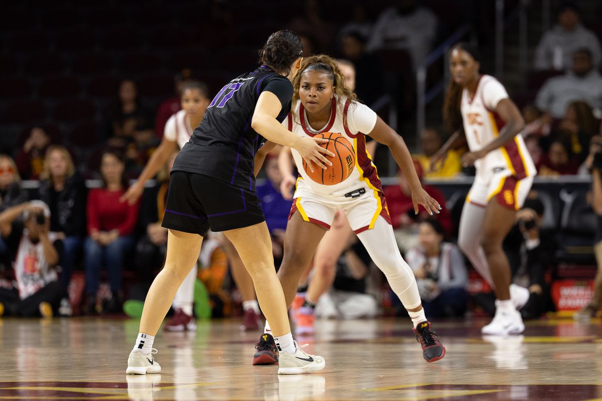 USC guard Londynn Jones (3) defends during a Big Ten college basketball game against the Portland Pilots, Tuesday November 18, 2025 in Los Angeles. USC guard Londynn Jones (3) defends during a Big Ten college basketball game against the Portland Pilots, Tuesday November 18, 2025 in Los Angeles.