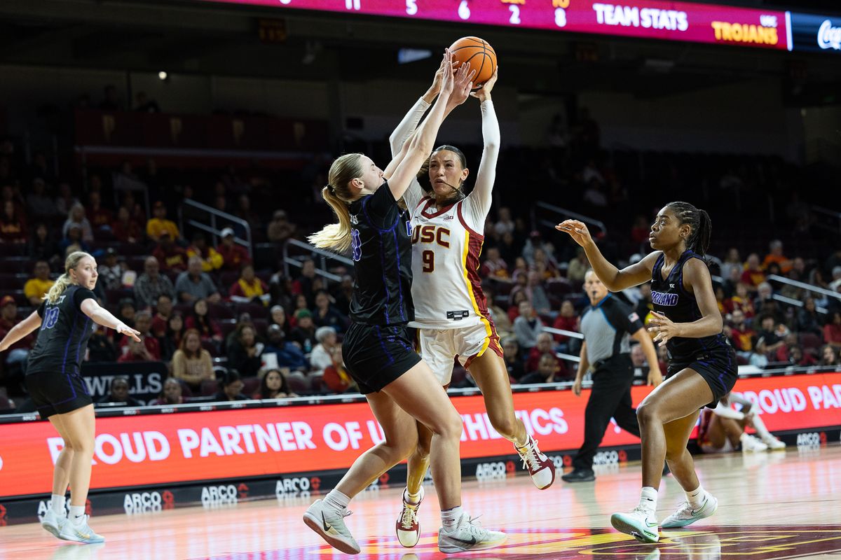 USC guard Jazzy Davidson (9) shoots during a Big Ten college basketball game against the Portland Pilots, Tuesday November 18, 2025 in Los Angeles. USC guard Jazzy Davidson (9) shoots during a Big Ten college basketball game against the Portland Pilots, Tuesday November 18, 2025 in Los Angeles.