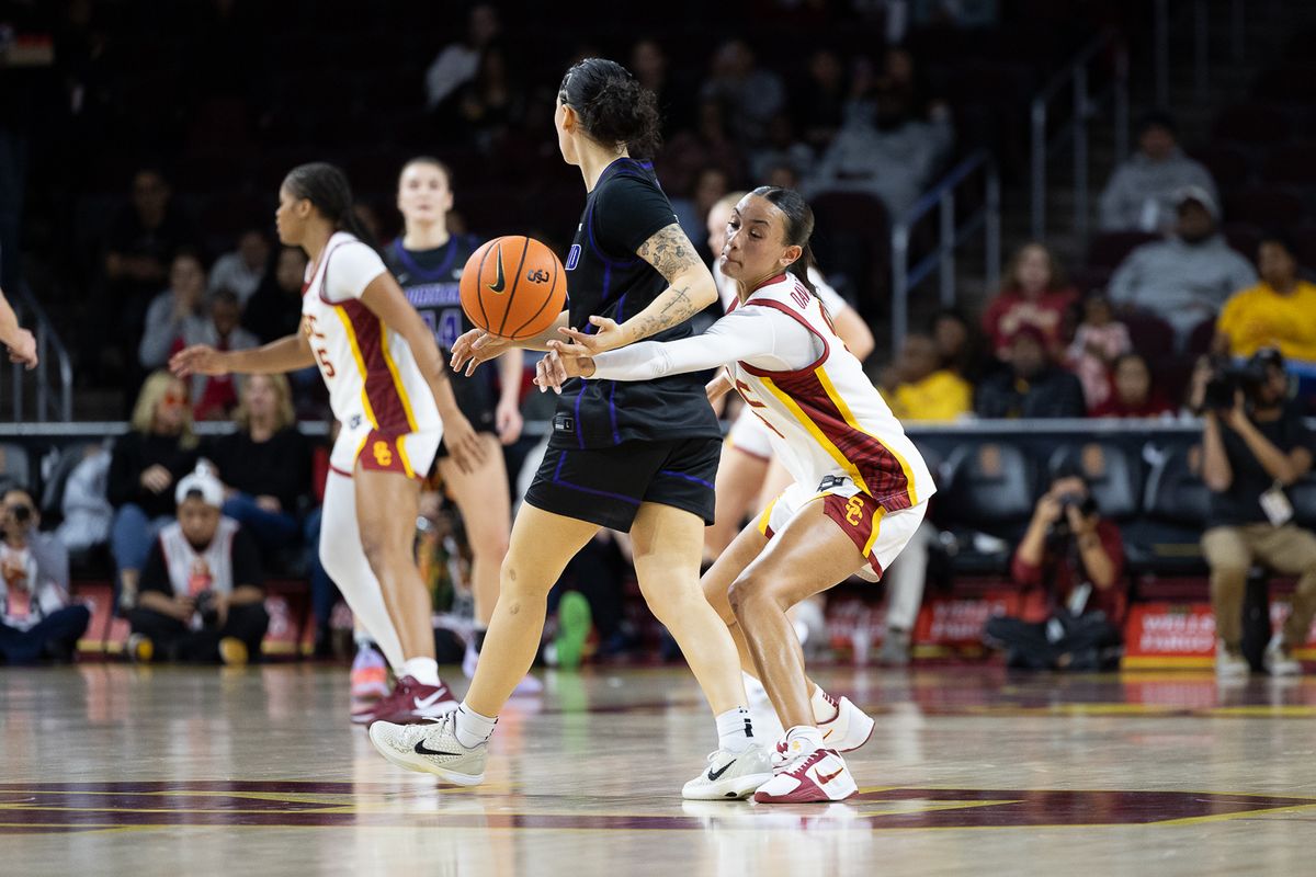 USC guard Jazzy Davidson (9) steals the ball during a Big Ten college basketball game against the Portland Pilots, Tuesday November 18, 2025 in Los Angeles. USC guard Jazzy Davidson (9) steals the ball during a Big Ten college basketball game against the Portland Pilots, Tuesday November 18, 2025 in Los Angeles.
