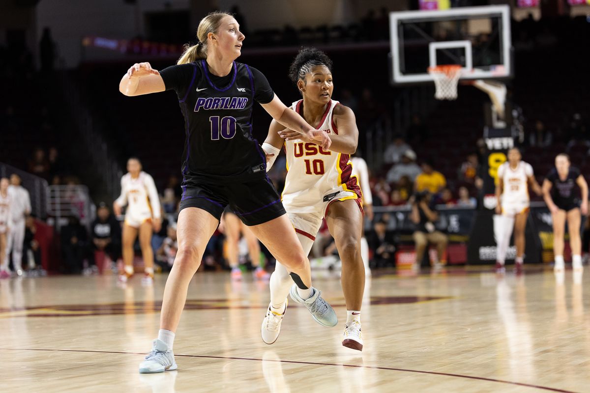 USC guard Malia Samuels (10) defends during a Big Ten college basketball game against the Portland Pilots, Tuesday November 18, 2025 in Los Angeles. USC guard Malia Samuels (10) defends during a Big Ten college basketball game against the Portland Pilots, Tuesday November 18, 2025 in Los Angeles.