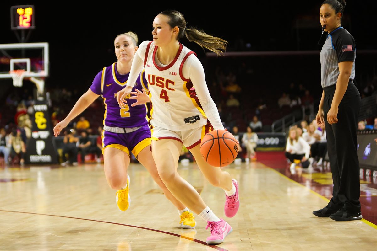#4 G Rian Forestier of USC drives the lane during an NCAA basketball game against Tennessee Tech on November 25, 2025 in Los Angeles, CA. #4 G Rian Forestier of USC drives the lane during an NCAA basketball game against Tennessee Tech on November 25, 2025 in Los Angeles, CA.