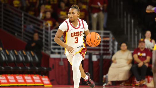 #3 G Londynn Jones of USC dribbles the ball up court during an NCAA basketball game against Tennessee Tech on November 25, 2025 in Los Angeles, CA.