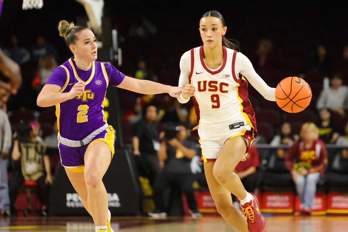 #9 G Jazzy Davidson of USC dribbles the ball up court during an NCAA basketball game against Tennessee Tech on November 25, 2025 in Los Angeles, CA. #9 G Jazzy Davidson of USC dribbles the ball up court during an NCAA basketball game against Tennessee Tech on November 25, 2025 in Los Angeles, CA.