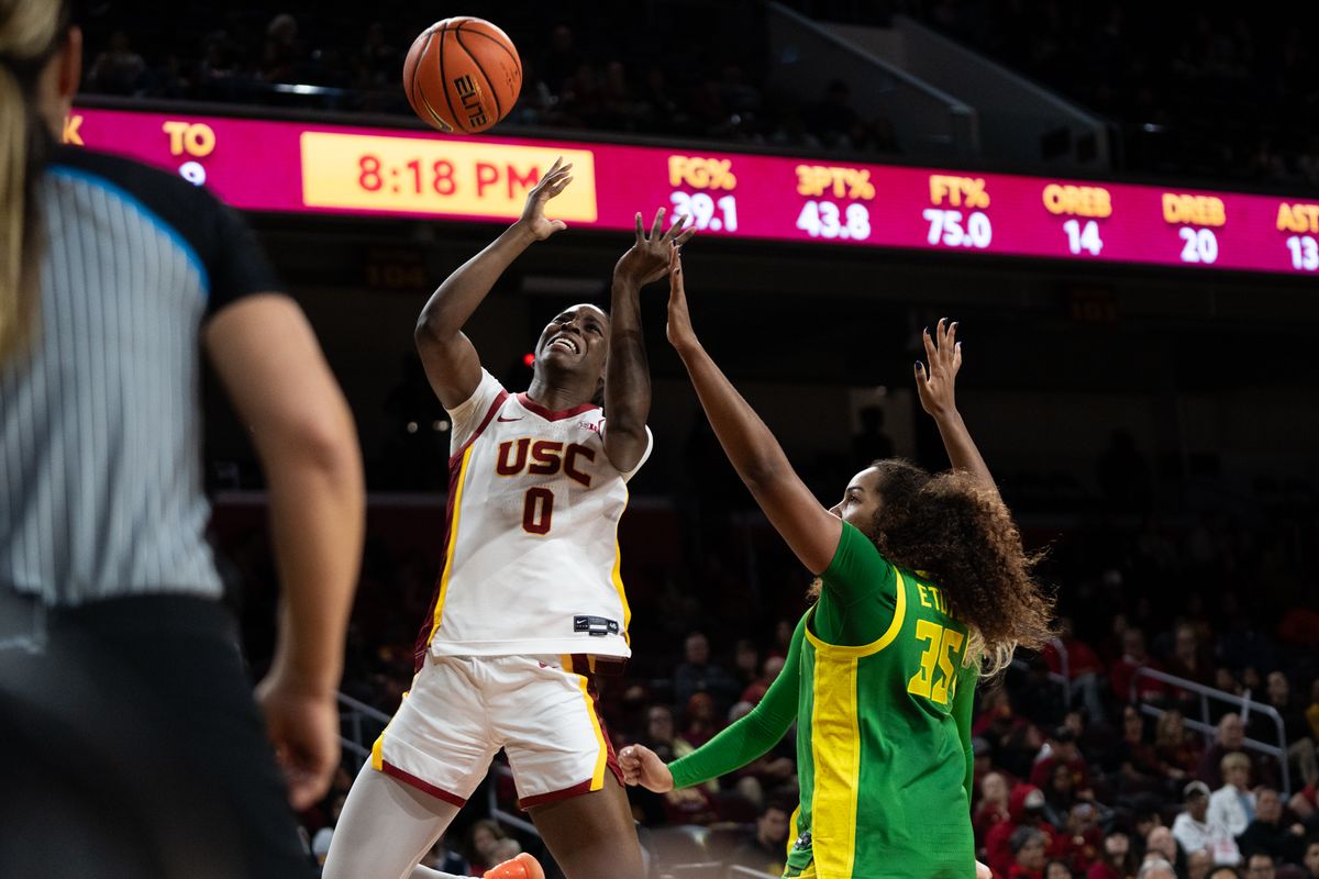 USC Trojans Forward Vivian Iwuchukwu (0) gets fouled on a tough lay up during a women's college basketball game against the Oregon Ducks, Tuesday January 6th, 2026 at Galen Center in Los Angeles, Calif. USC Trojans Forward Vivian Iwuchukwu (0) gets fouled on a tough lay up during a women's college basketball game against the Oregon Ducks, Tuesday January 6th, 2026 at Galen Center in Los Angeles, Calif.