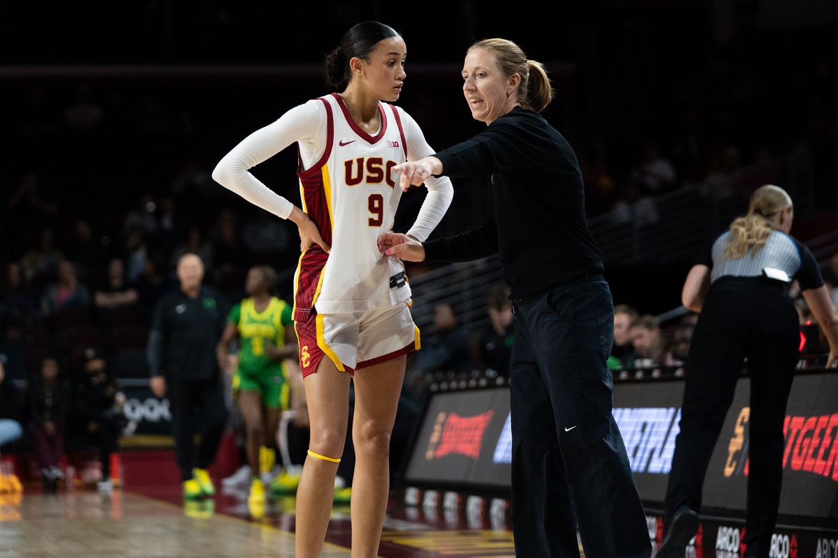 USC Trojans Guard Jazzy Davidson (9) gets guidance from her coach during a women's college basketball game against the Oregon Ducks, Tuesday January 6th, 2026 at Galen Center in Los Angeles, Calif. USC Trojans Guard Jazzy Davidson (9) gets guidance from her coach during a women's college basketball game against the Oregon Ducks, Tuesday January 6th, 2026 at Galen Center in Los Angeles, Calif.
